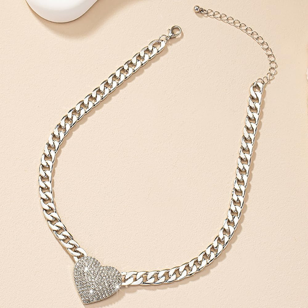 Rhinestone Heart Necklace for Women Gold Silver Heart Pendant Choker Necklace Cuban Link Chain Love Heart Chunky Necklace Zircon Heart Statement Necklace