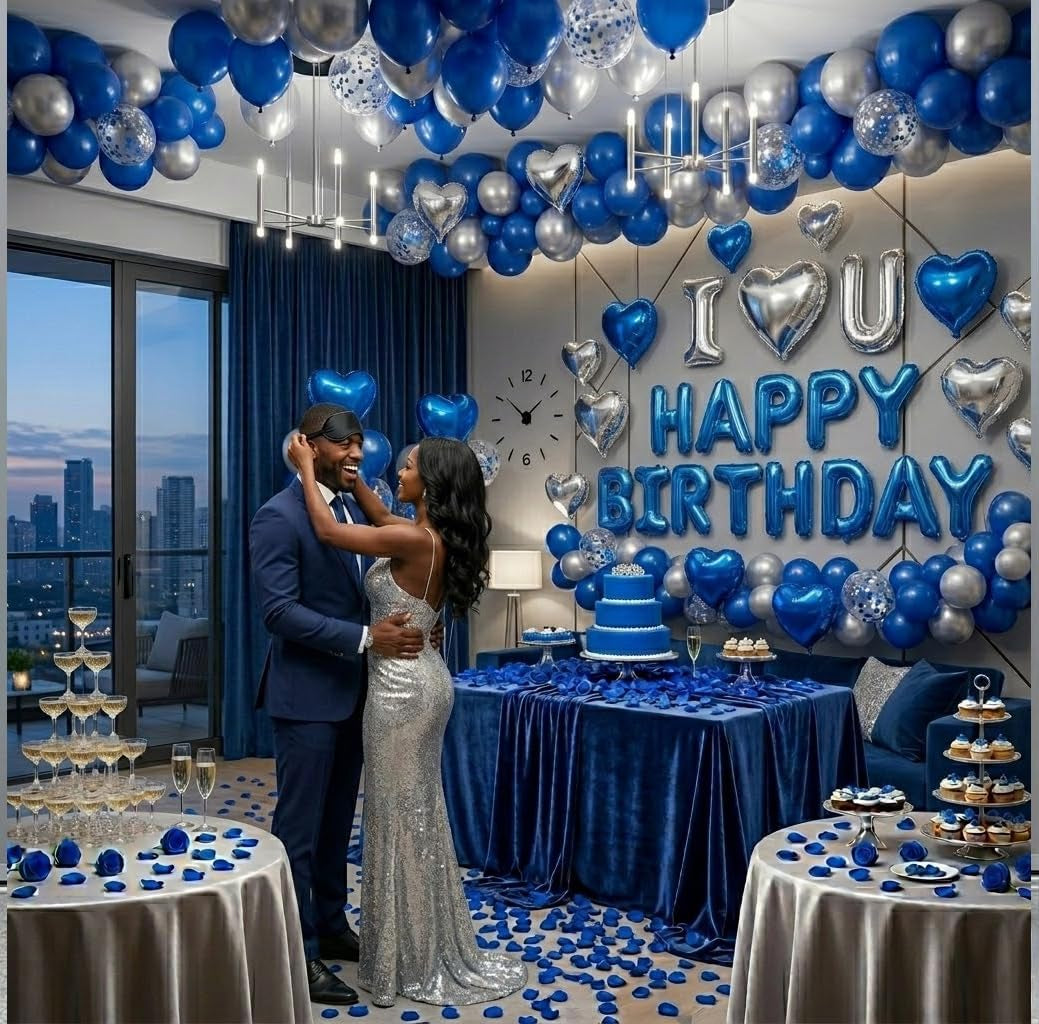 Romantic Birthday Decorations for Him I LOVE YOU & HAPPY BIRTHDAY Foil Balloons & Rose Petals,Blue Silver Special Night Decorations, Husband Anniversary Surprise,Bedroom,Men Boyfriend Hotel Decor