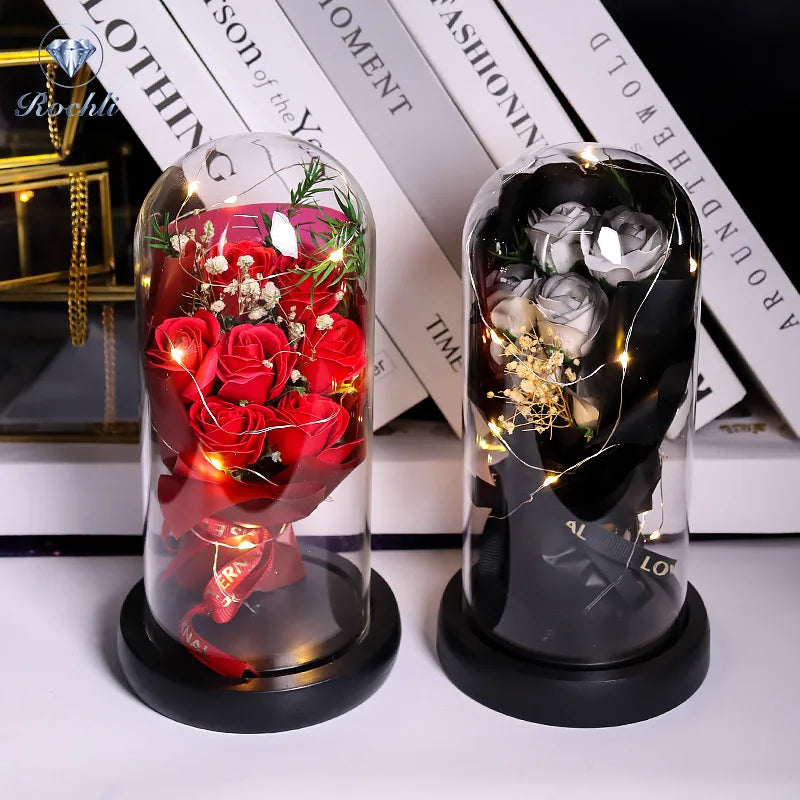 Everlasting Rose LED Glass Dome Bouquet Romantic Illuminated Ornament Perfect Valentine'S Day Christmas Home Decor Romantic Gift