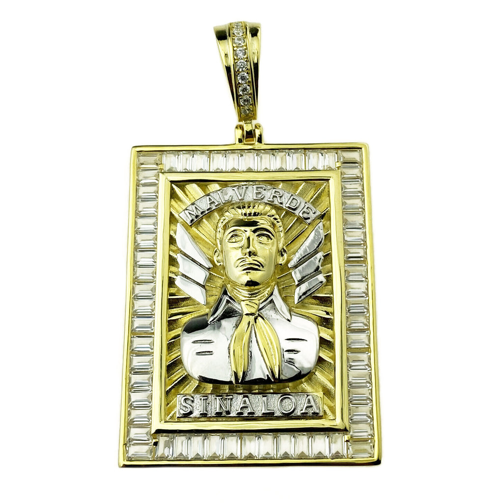 14K Gold Plated 925 Sterling Silver Jesus Malverde Pendant CZ Medalla Big 2.75"