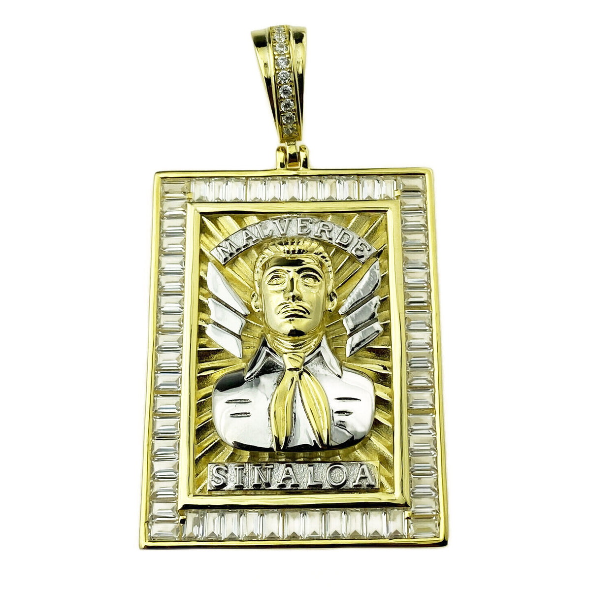 14K Gold Plated 925 Sterling Silver Jesus Malverde Pendant CZ Medalla Big 2.75"