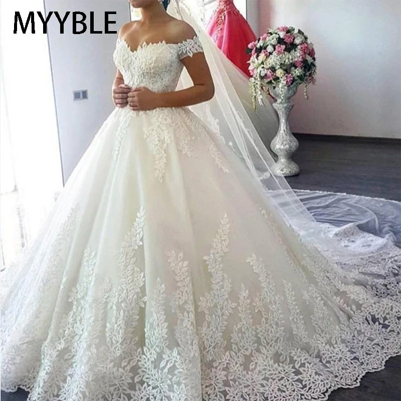 Customized White off the Shoulder plus Size Vestido De Noiva Wedding Dress Train Custom Made plus Size Bridal Tulle Mariage