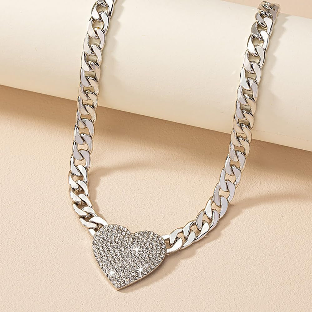Rhinestone Heart Necklace for Women Gold Silver Heart Pendant Choker Necklace Cuban Link Chain Love Heart Chunky Necklace Zircon Heart Statement Necklace