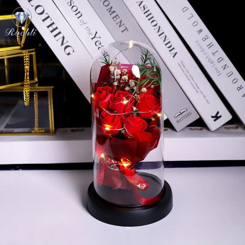 Everlasting Rose LED Glass Dome Bouquet Romantic Illuminated Ornament Perfect Valentine'S Day Christmas Home Decor Romantic Gift