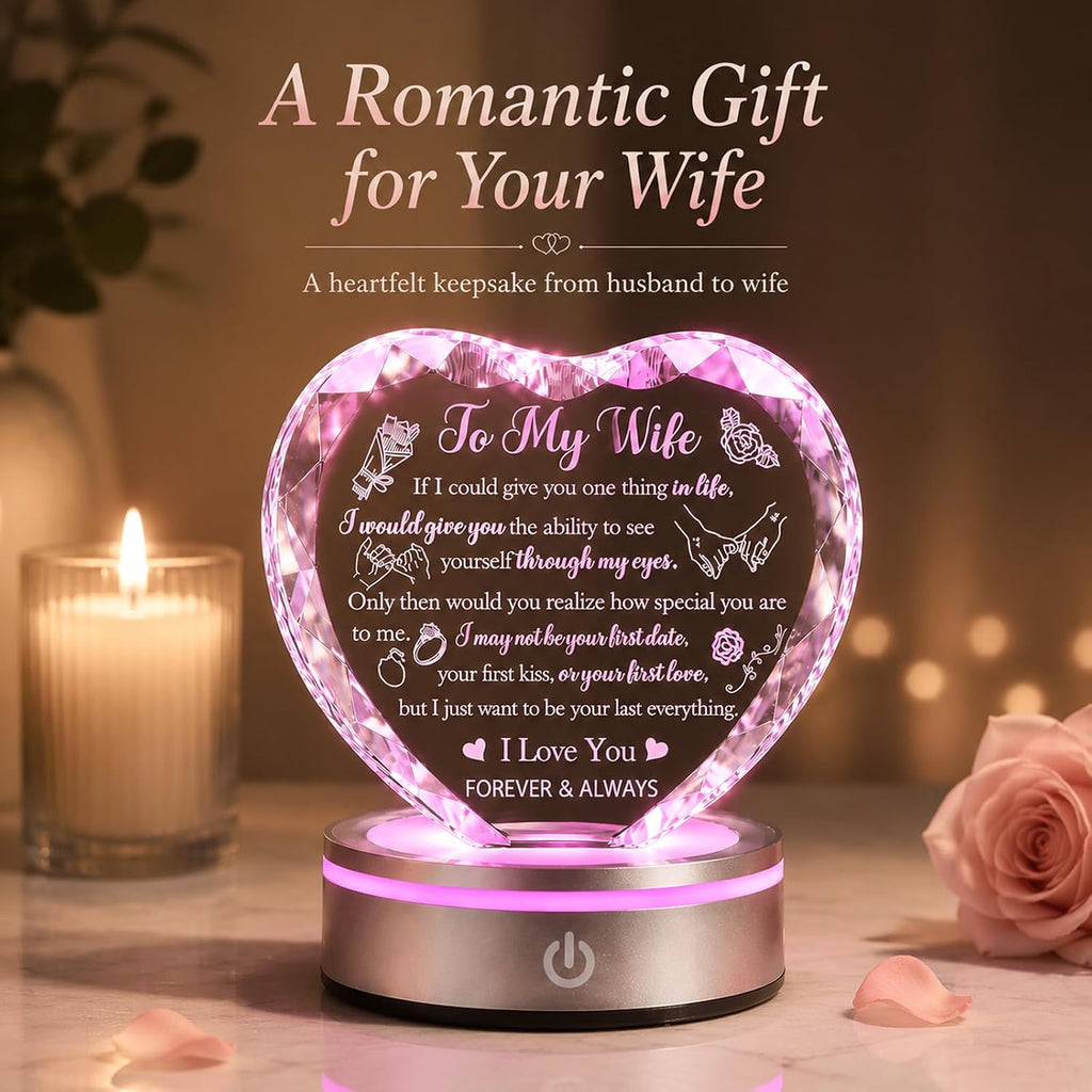 Crystal Heart LED Night Light Gift for Wife, Romantic Keepsake