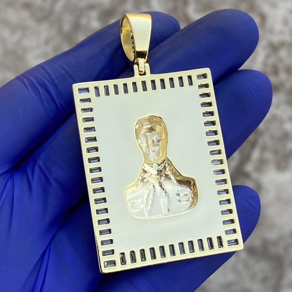 14K Gold Plated 925 Sterling Silver Jesus Malverde Pendant CZ Medalla Big 2.75"