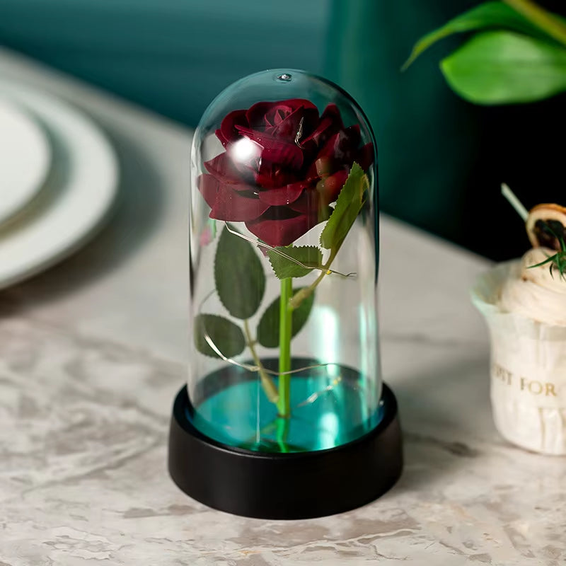 Everlasting Rose LED Glass Dome Bouquet Romantic Illuminated Ornament Perfect Valentine'S Day Christmas Home Decor Romantic Gift