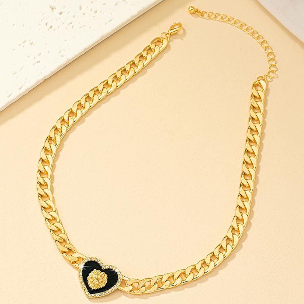 Rhinestone Heart Necklace for Women Gold Silver Heart Pendant Choker Necklace Cuban Link Chain Love Heart Chunky Necklace Zircon Heart Statement Necklace