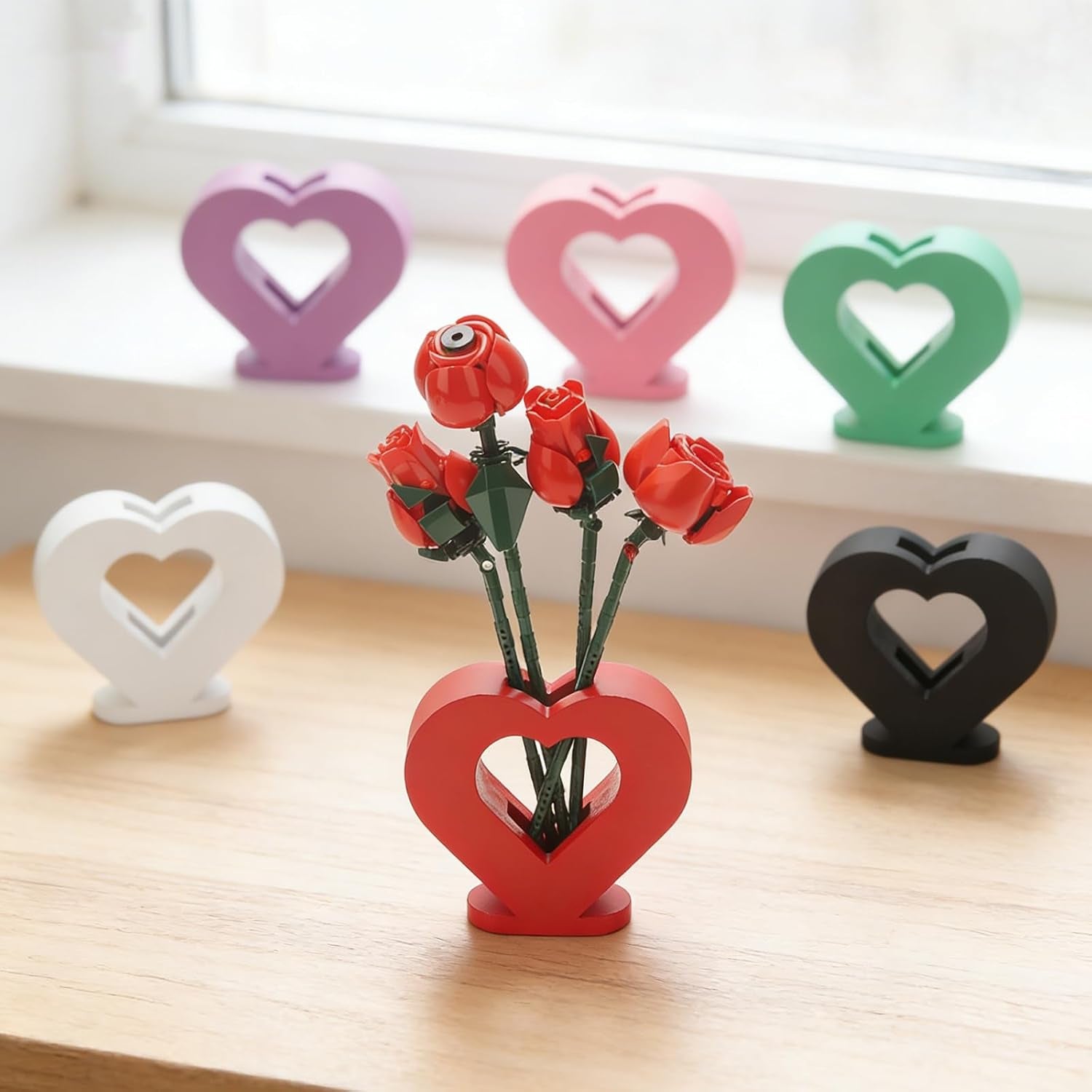 Vase for Lego Flowers 40524 40747 40725 40460,Heart-Shaped Wooden Display Stand for Lego Flower Bouquet Building Set for Lego Roses Cherry Blossom Sunflower Tulips Lotus,Gift for Lego Flowers Lover