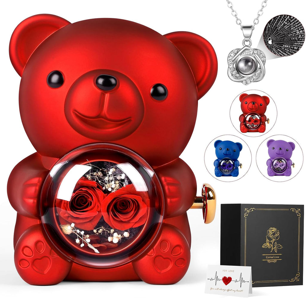 Romantic Rose Bear Teddy with Preserved Rose for Mother'S Day, Bear Gifts for Wife, Rose Bear Gift Box Set Valentine'S Day Decor Gift for Her Women, Valentine'S Day Weddings, Red