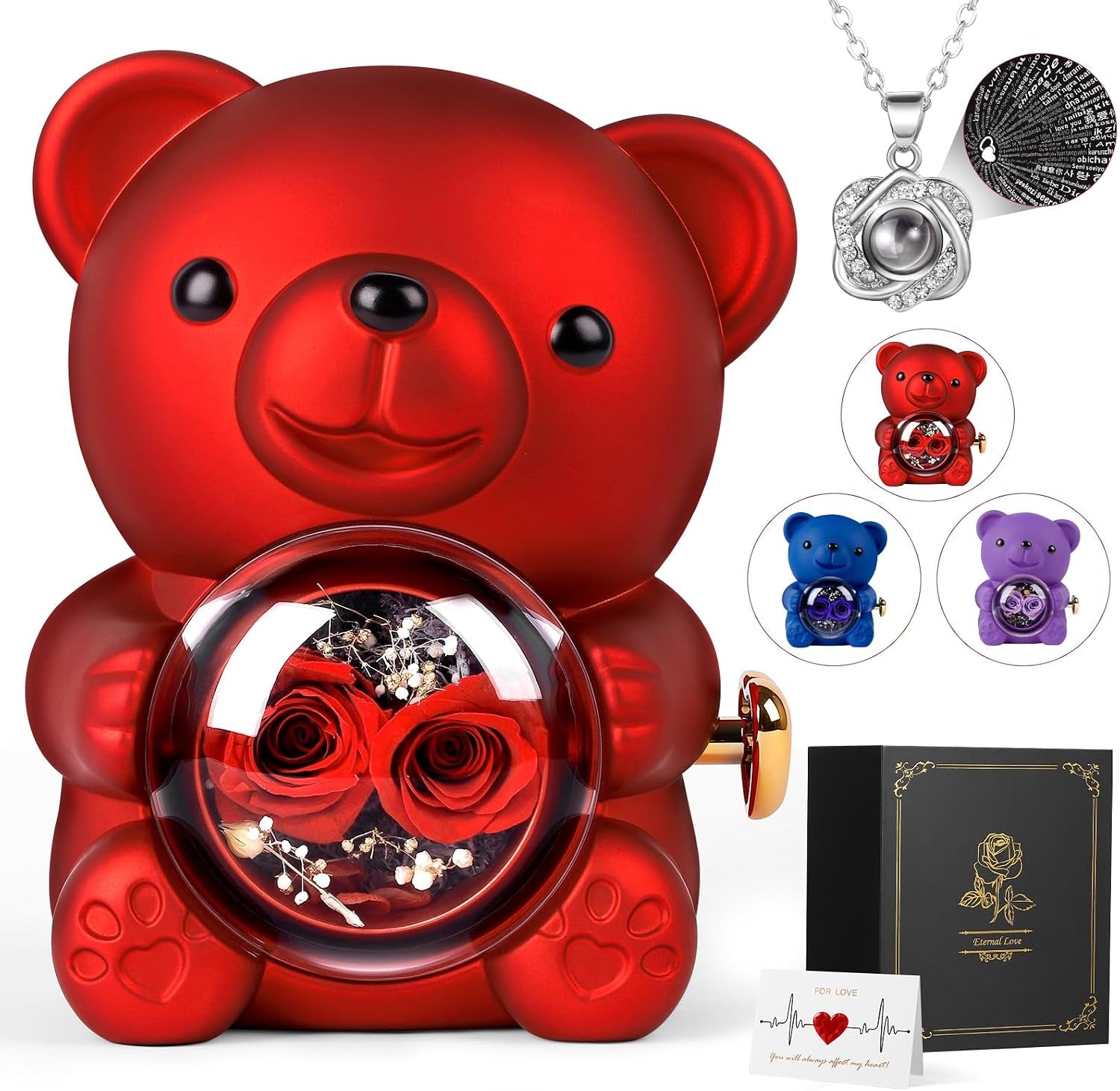 Romantic Rose Bear Teddy with Preserved Rose for Mother'S Day, Bear Gifts for Wife, Rose Bear Gift Box Set Valentine'S Day Decor Gift for Her Women, Valentine'S Day Weddings, Red