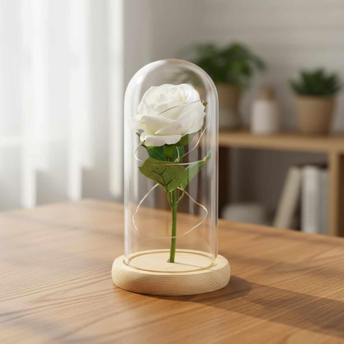 Eternal White Rose in Glass Dome with LED Lights, Artificial Flower Decor, Romantic Gift for Women, Anniversary Birthday Valentines Mothers Day