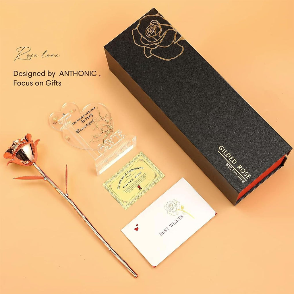 Gold Dipped Infinity Rose Last Forever Flower Decor, Birthday Gift for Women in Her Birthday Valentines Day Mothers Day, Resin Preserved Rose | Anniversary Present for Mom (Rose Gold)