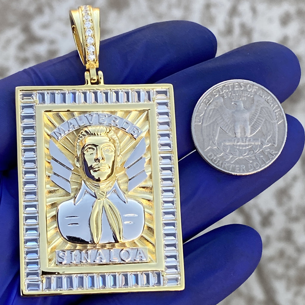 14K Gold Plated 925 Sterling Silver Jesus Malverde Pendant CZ Medalla Big 2.75"