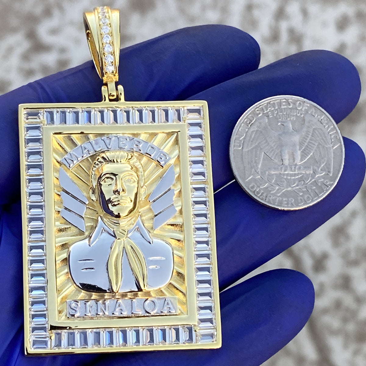14K Gold Plated 925 Sterling Silver Jesus Malverde Pendant CZ Medalla Big 2.75"