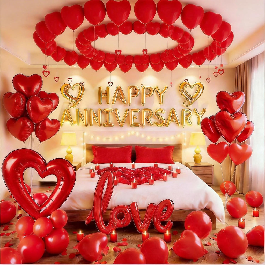 Happy Anniversary Decorations Romantic, Happy Anniversary Sign Banner, Valentines Decorations Party Home Bed Room, Romantic Decorations Special Night, Red Heart Balloons, Happy Anniversary Balloons