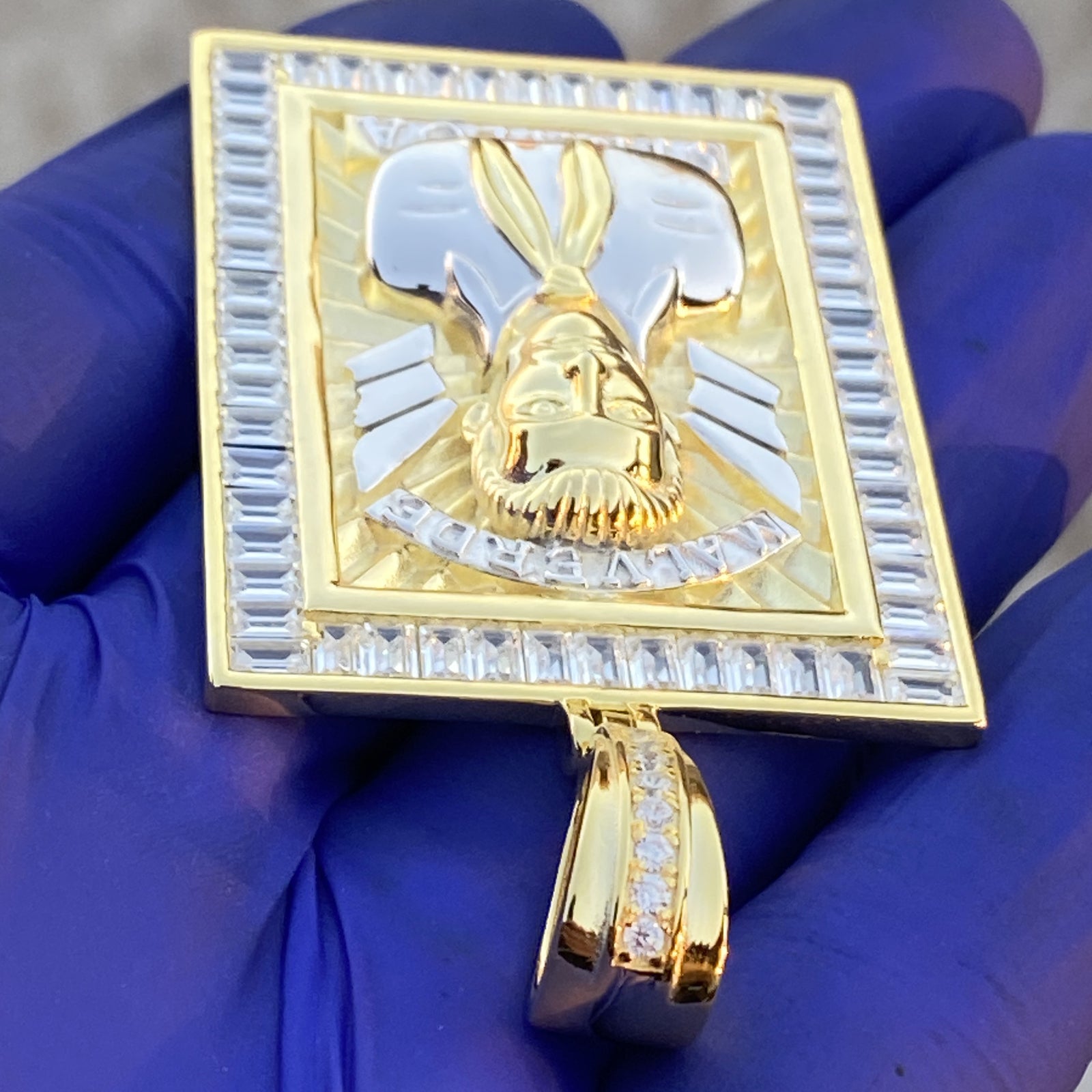 14K Gold Plated 925 Sterling Silver Jesus Malverde Pendant CZ Medalla Big 2.75"