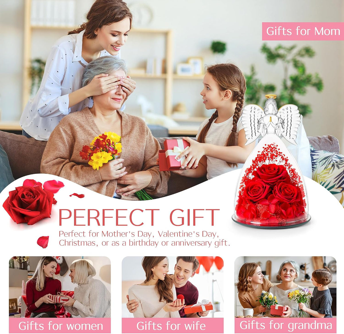 Birthday Gifts for Wife and Girlfriend, Red Preserved Roses in Glass Angel Figurine, Romantic Birthday Gift for Her, Unique Love Keepsake