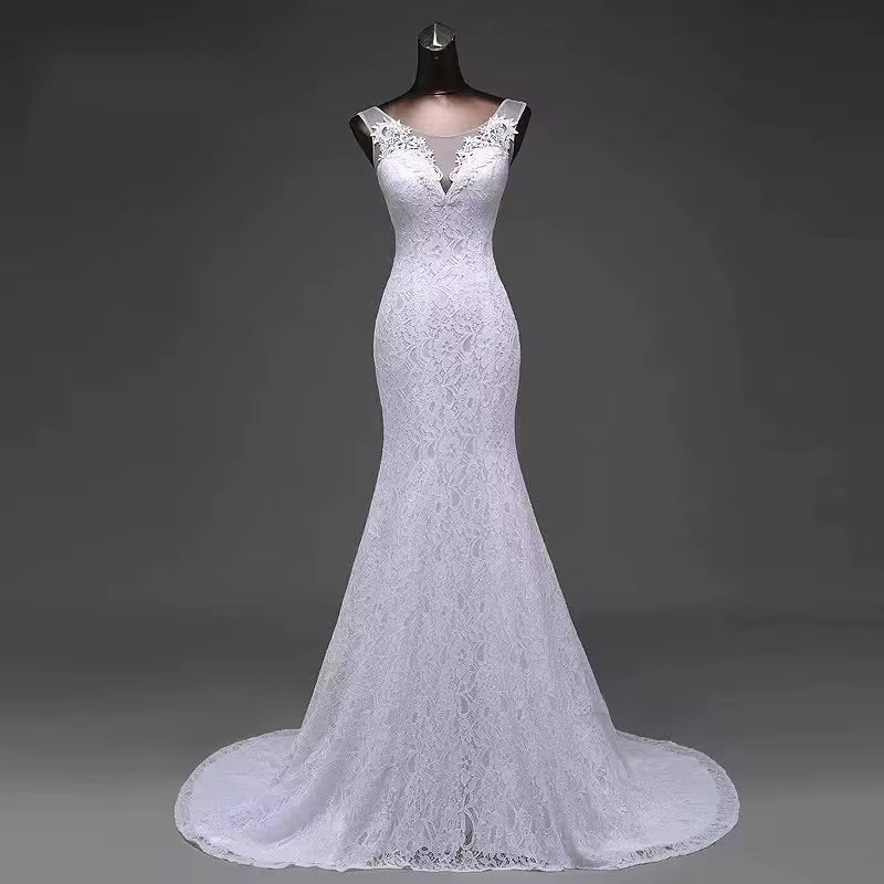 Customized New Women'S Elegant Beautiful Lace Flowers Mermaid Wedding Dress Sexy Sleeveless Applique Lace Mariage Bridal Dress