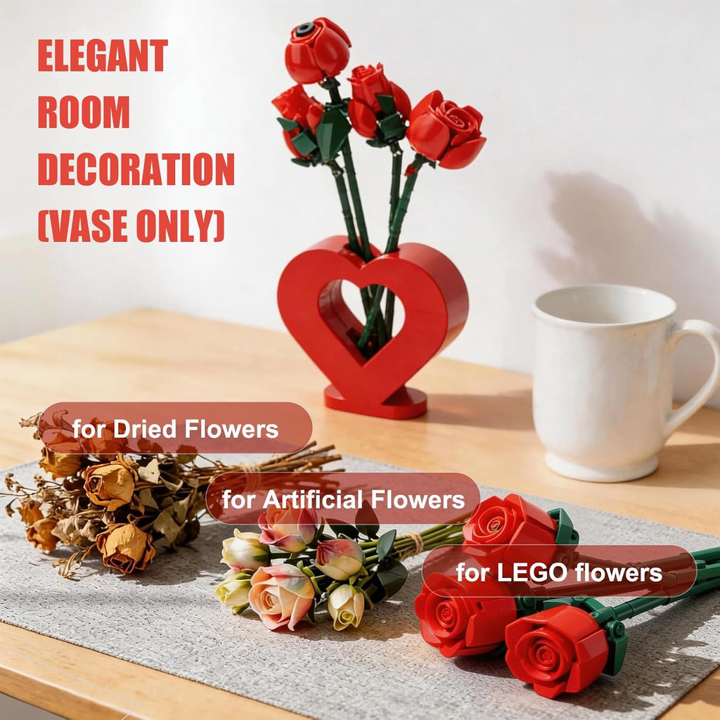 Vase for Lego Flowers 40524 40747 40725 40460,Heart-Shaped Wooden Display Stand for Lego Flower Bouquet Building Set for Lego Roses Cherry Blossom Sunflower Tulips Lotus,Gift for Lego Flowers Lover
