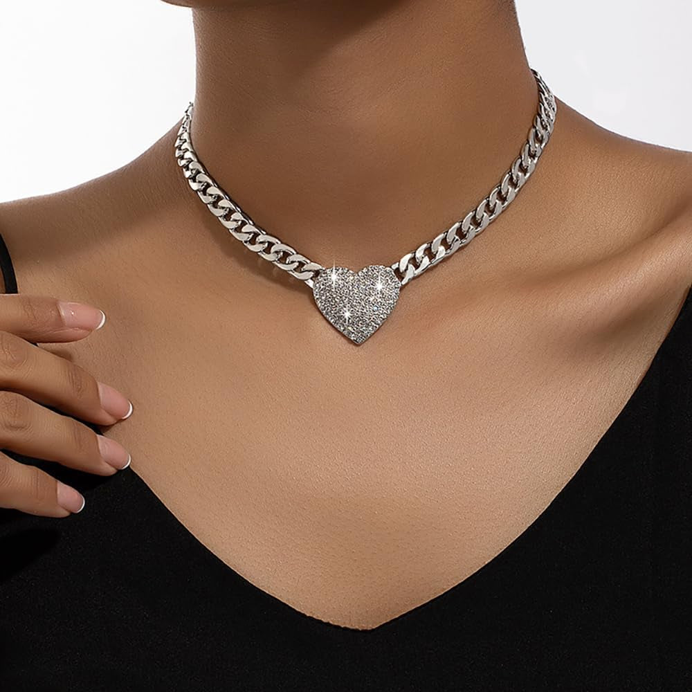 Rhinestone Heart Necklace for Women Gold Silver Heart Pendant Choker Necklace Cuban Link Chain Love Heart Chunky Necklace Zircon Heart Statement Necklace