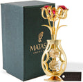 24K Gold Plated Flower Vase Ornament with Red & Clear Crystals