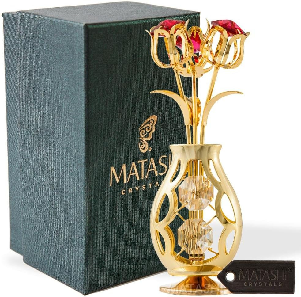 24K Gold Plated Flower Vase Ornament with Red & Clear Crystals