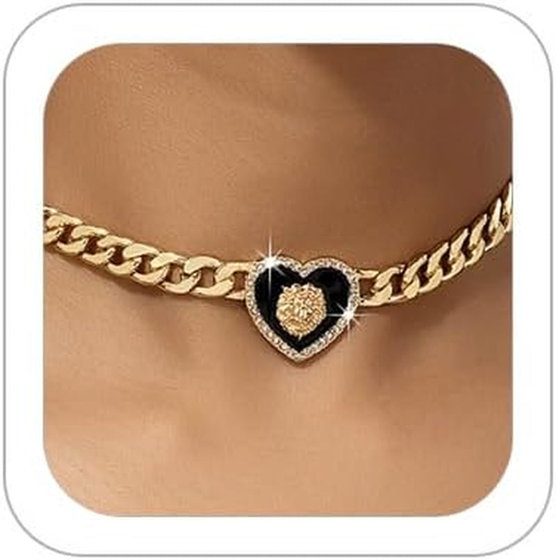 Rhinestone Heart Necklace for Women Gold Silver Heart Pendant Choker Necklace Cuban Link Chain Love Heart Chunky Necklace Zircon Heart Statement Necklace