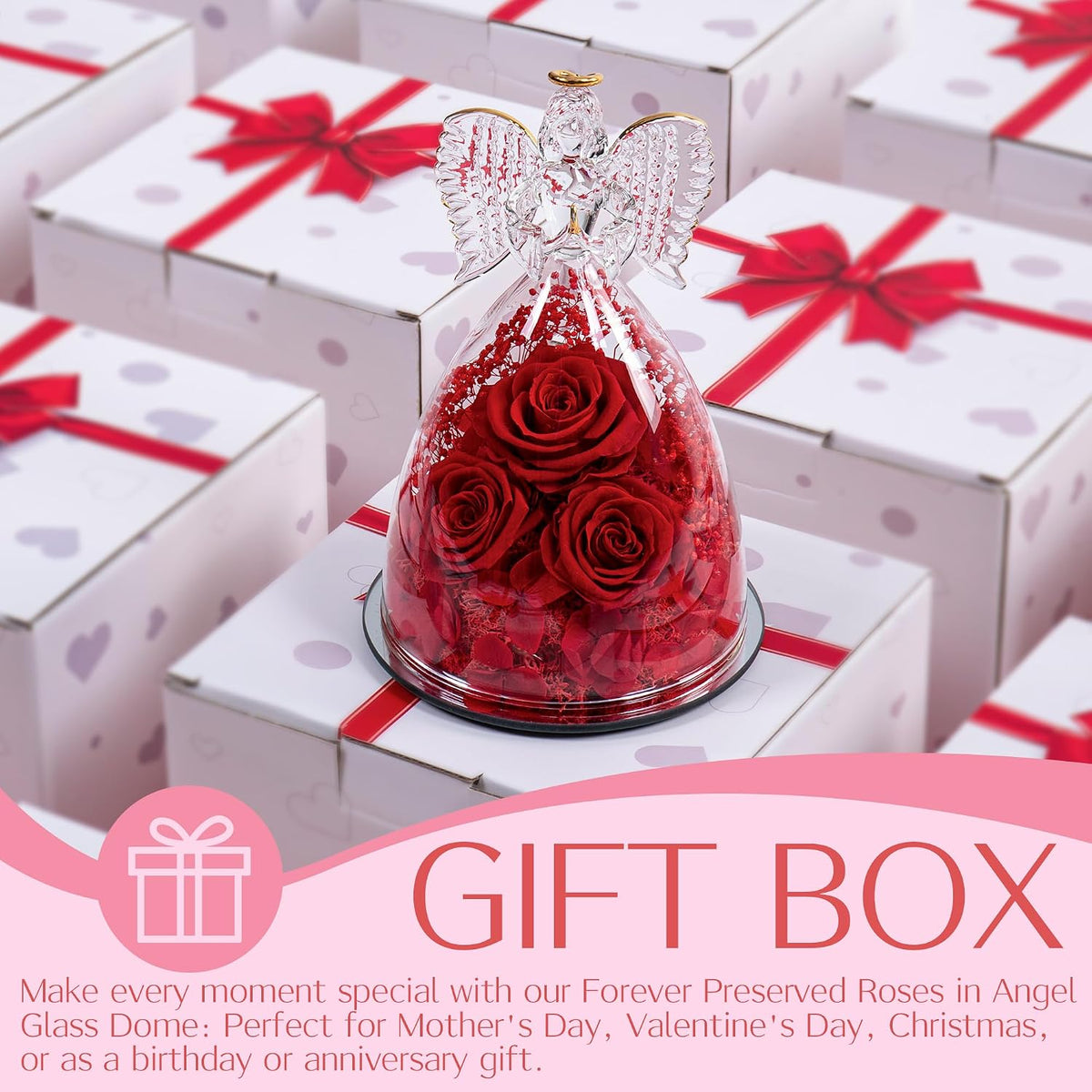 Birthday Gifts for Wife and Girlfriend, Red Preserved Roses in Glass Angel Figurine, Romantic Birthday Gift for Her, Unique Love Keepsake