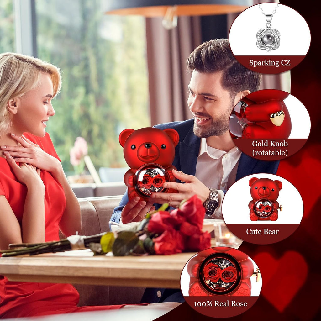 Romantic Rose Bear Teddy with Preserved Rose for Mother'S Day, Bear Gifts for Wife, Rose Bear Gift Box Set Valentine'S Day Decor Gift for Her Women, Valentine'S Day Weddings, Red