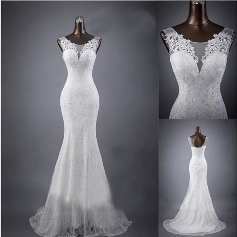 Customized New Women'S Elegant Beautiful Lace Flowers Mermaid Wedding Dress Sexy Sleeveless Applique Lace Mariage Bridal Dress
