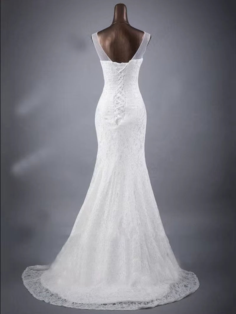 Customized New Women'S Elegant Beautiful Lace Flowers Mermaid Wedding Dress Sexy Sleeveless Applique Lace Mariage Bridal Dress
