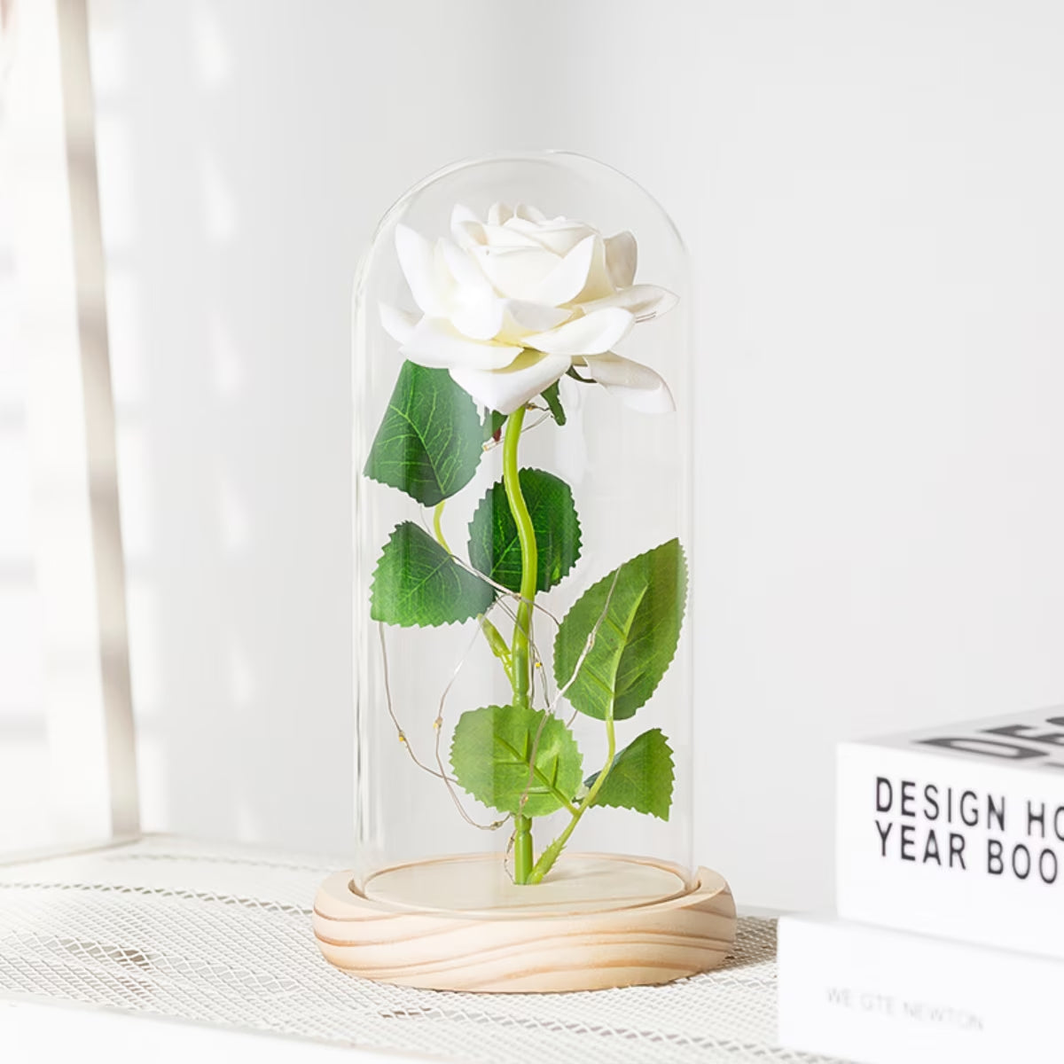Eternal White Rose in Glass Dome with LED Lights, Artificial Flower Decor, Romantic Gift for Women, Anniversary Birthday Valentines Mothers Day