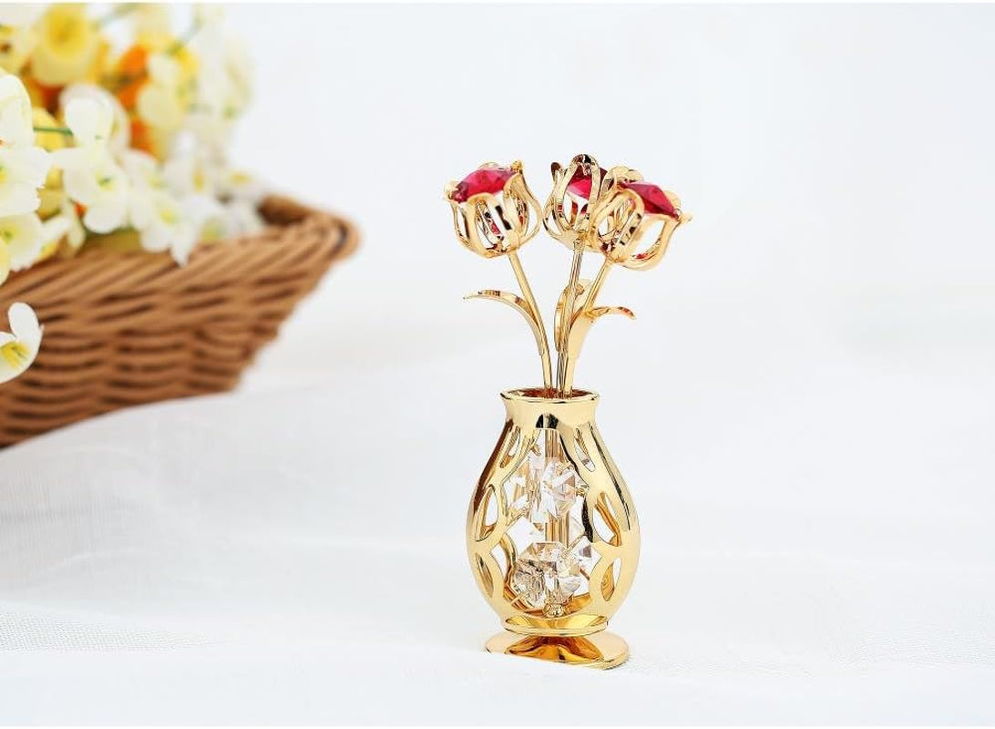 24K Gold Plated Flower Vase Ornament with Red & Clear Crystals