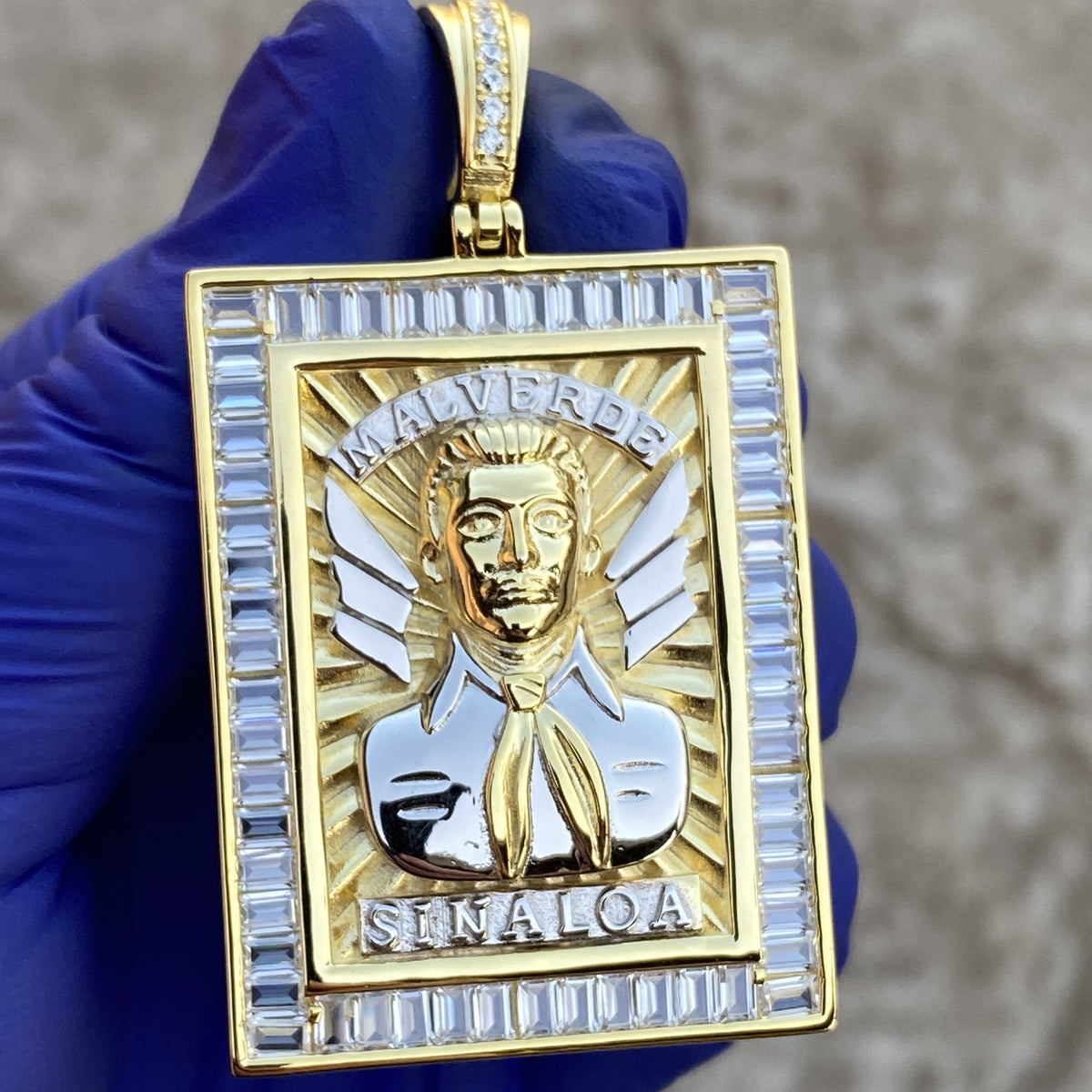 14K Gold Plated 925 Sterling Silver Jesus Malverde Pendant CZ Medalla Big 2.75"