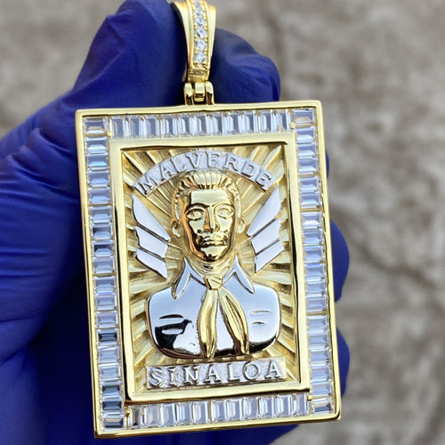 14K Gold Plated 925 Sterling Silver Jesus Malverde Pendant CZ Medalla Big 2.75"
