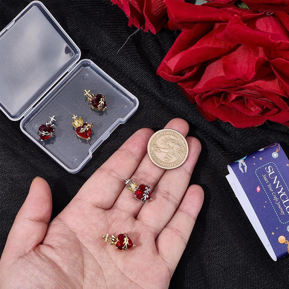 1 Box 8Pcs Real 18K Gold Plated Sacred Heart Charms Silver Heart Rhinestone Charm Valentine'S Day Gothic Heart Pendants for Jewelry Making Necklace Bracelet Earrings Women DIY Crafts