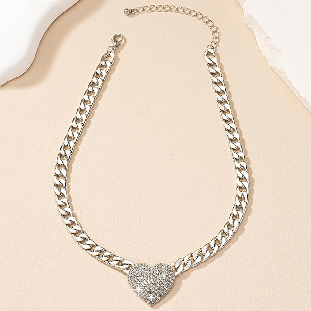 Rhinestone Heart Necklace for Women Gold Silver Heart Pendant Choker Necklace Cuban Link Chain Love Heart Chunky Necklace Zircon Heart Statement Necklace