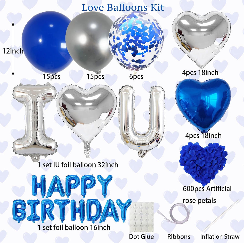 Romantic Birthday Decorations for Him I LOVE YOU & HAPPY BIRTHDAY Foil Balloons & Rose Petals,Blue Silver Special Night Decorations, Husband Anniversary Surprise,Bedroom,Men Boyfriend Hotel Decor