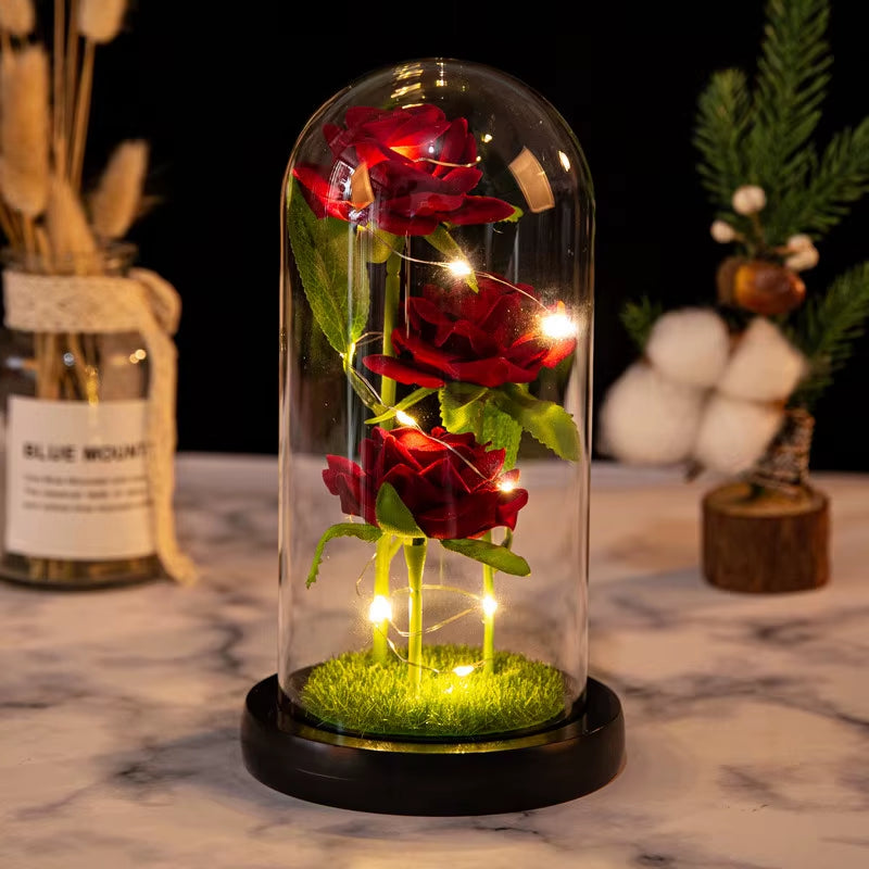 Everlasting Rose LED Glass Dome Bouquet Romantic Illuminated Ornament Perfect Valentine'S Day Christmas Home Decor Romantic Gift