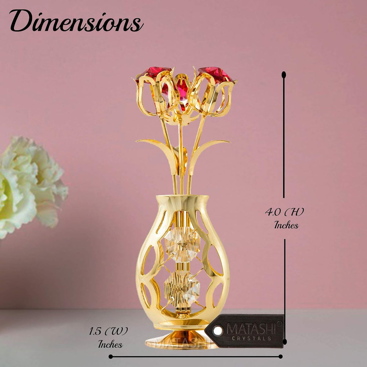 24K Gold Plated Flower Vase Ornament with Red & Clear Crystals