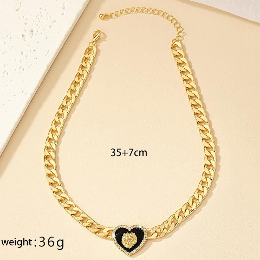 Rhinestone Heart Necklace for Women Gold Silver Heart Pendant Choker Necklace Cuban Link Chain Love Heart Chunky Necklace Zircon Heart Statement Necklace