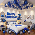 Romantic Birthday Decorations for Him I LOVE YOU & HAPPY BIRTHDAY Foil Balloons & Rose Petals,Blue Silver Special Night Decorations, Husband Anniversary Surprise,Bedroom,Men Boyfriend Hotel Decor