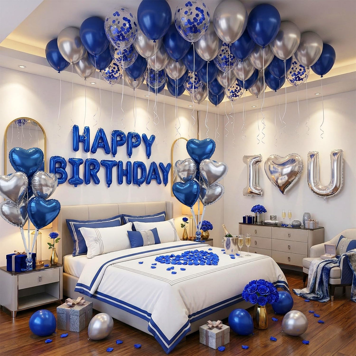Romantic Birthday Decorations for Him I LOVE YOU & HAPPY BIRTHDAY Foil Balloons & Rose Petals,Blue Silver Special Night Decorations, Husband Anniversary Surprise,Bedroom,Men Boyfriend Hotel Decor