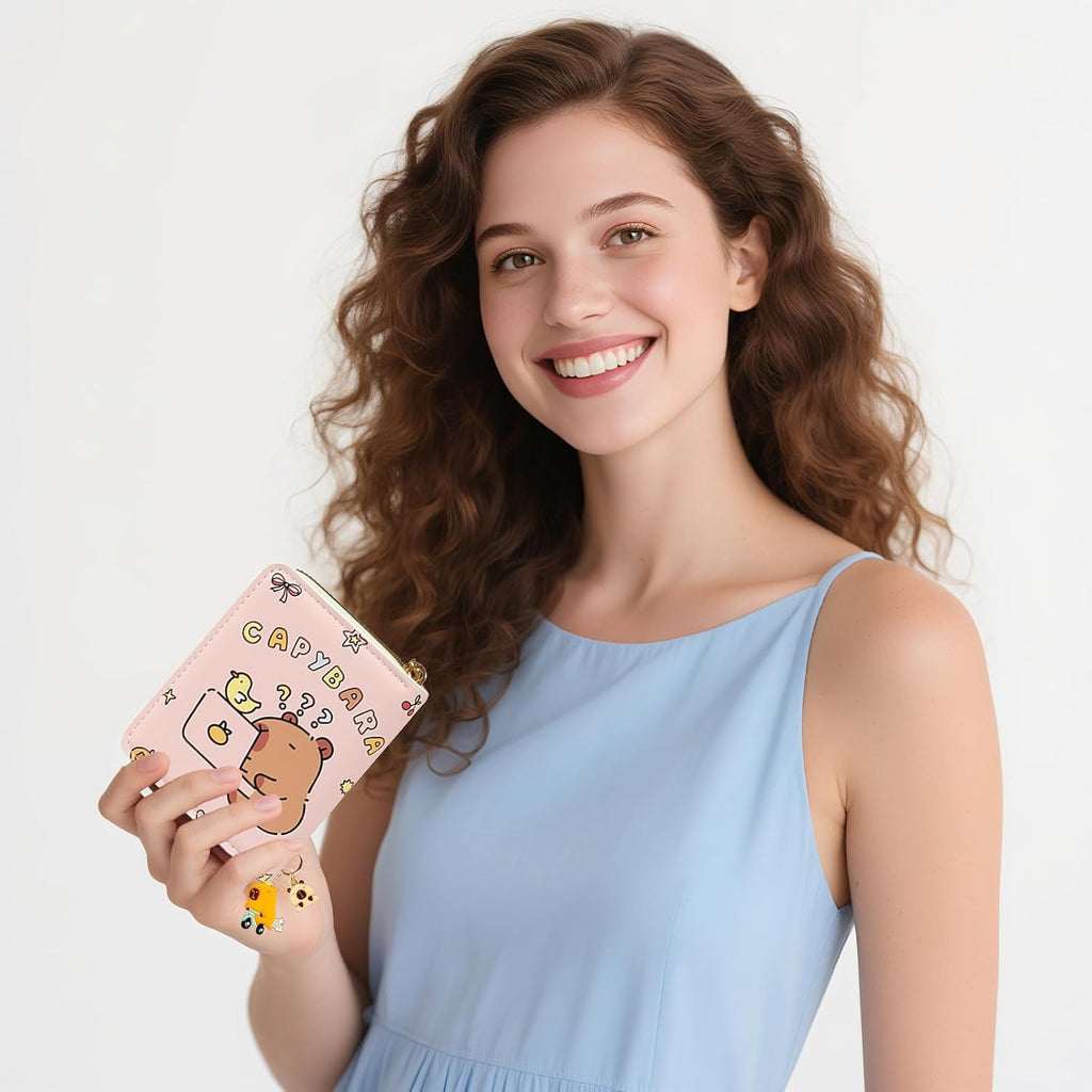 Small Cute Pink Capybara Wallet,Pu Leather Coin Purse with Zipper Pocket
