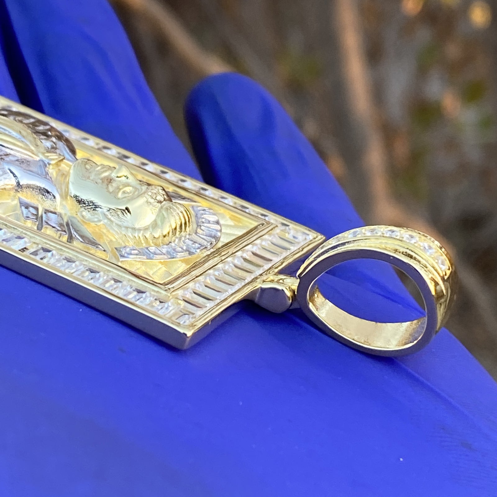 14K Gold Plated 925 Sterling Silver Jesus Malverde Pendant CZ Medalla Big 2.75"