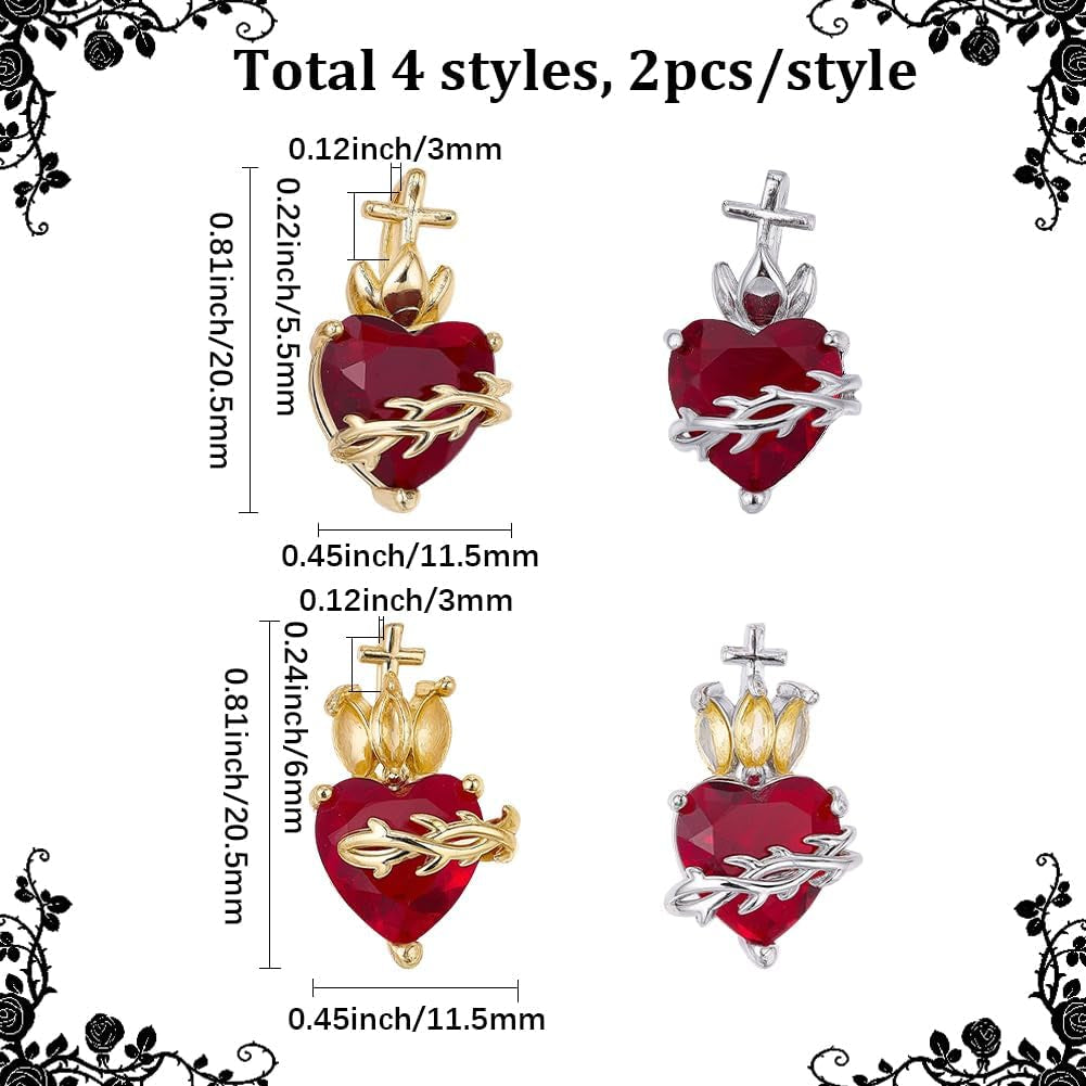 1 Box 8Pcs Real 18K Gold Plated Sacred Heart Charms Silver Heart Rhinestone Charm Valentine'S Day Gothic Heart Pendants for Jewelry Making Necklace Bracelet Earrings Women DIY Crafts
