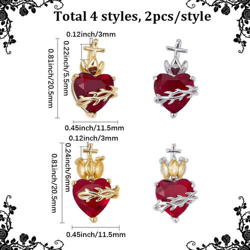 1 Box 8Pcs Real 18K Gold Plated Sacred Heart Charms Silver Heart Rhinestone Charm Valentine'S Day Gothic Heart Pendants for Jewelry Making Necklace Bracelet Earrings Women DIY Crafts