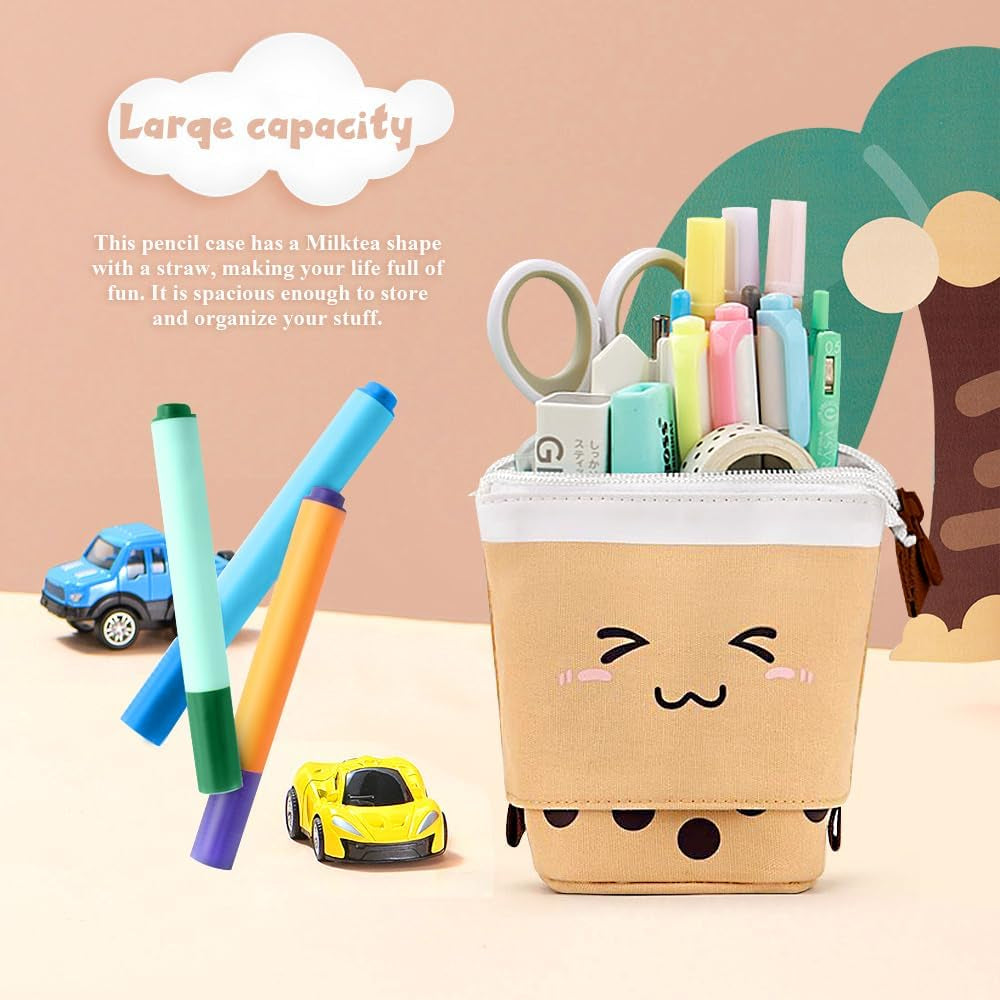 Cute Standing Pencil Case Pen Holder for Kids, Pop up Stand up Bubble Tea Pen Organizer Kawaii Stationary for Christmas Holiday New Year Office (Brown)
