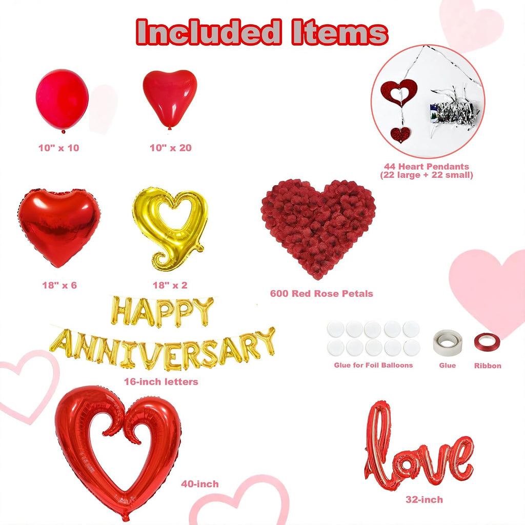 Happy Anniversary Decorations Romantic, Happy Anniversary Sign Banner, Valentines Decorations Party Home Bed Room, Romantic Decorations Special Night, Red Heart Balloons, Happy Anniversary Balloons